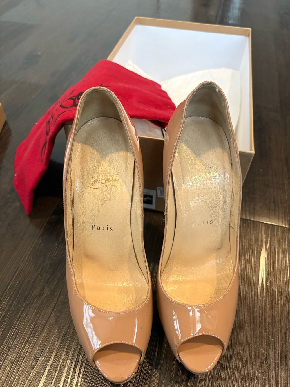 Christian Louboutin Nude Patent Leather Peep Toe Pumps